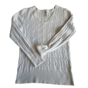 St Johns Bay Womens Cream Cable Knit‎ V-Neck Sweater Cotton Blend White Medium